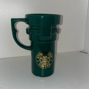 Vintage Starbucks Green w/Gold Ceramic 12 oz. Tumbler Mug with Handle and Lid